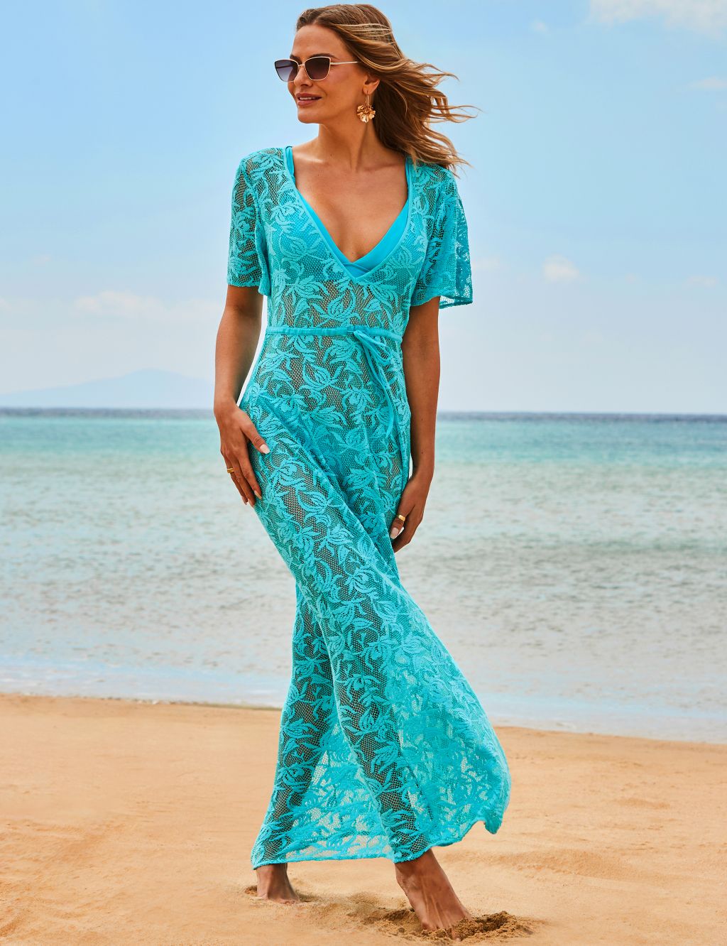Pure Cotton Lace V-Neck Maxi Beach Dress