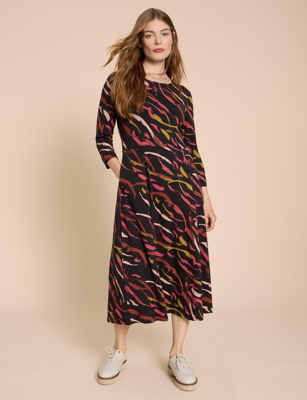 Jersey Printed Round Neck Midi Waisted Dress image 1