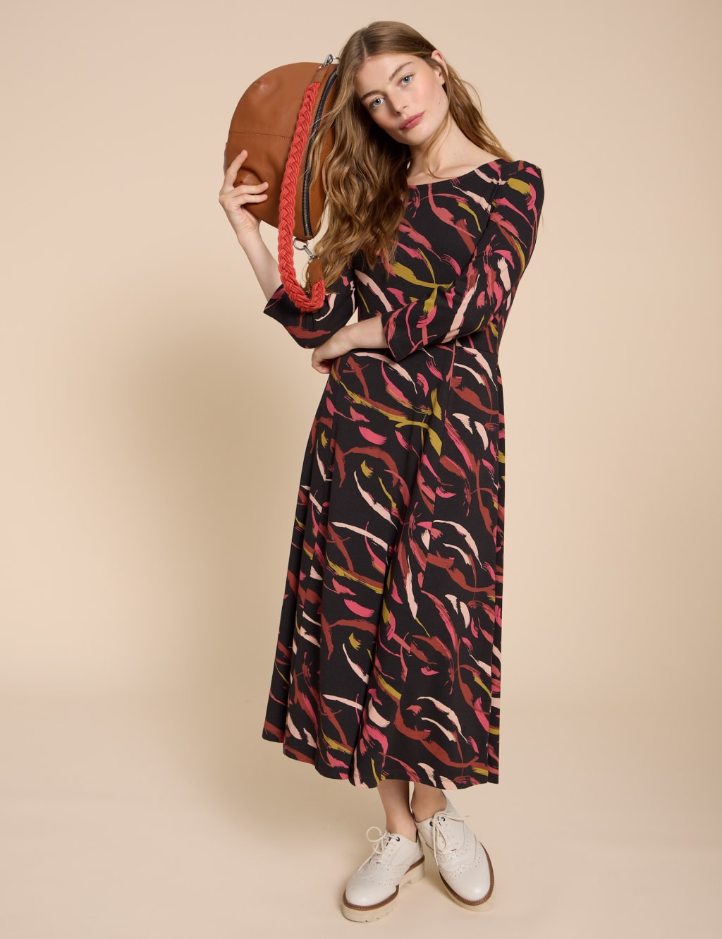 Jersey Printed Round Neck Midi Waisted Dress image 5