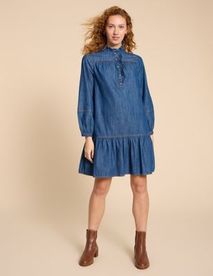 White Stuff Womens Denim High Neck Knee Length Tea Dress - 20 - Med Blue Denim, Med Blue Denim