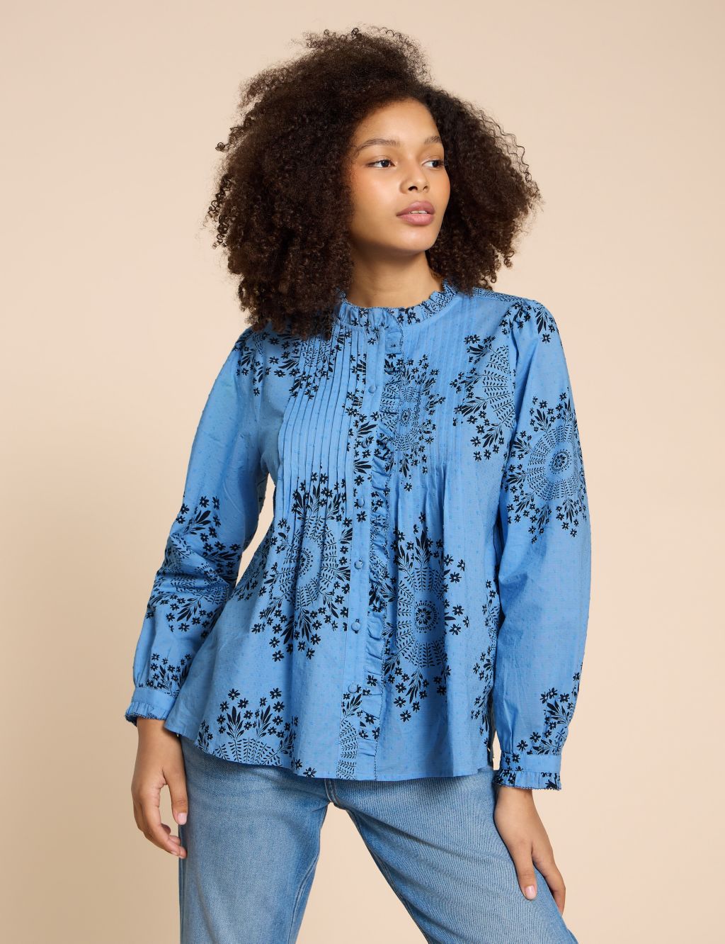 Pure Cotton Printed Pintuck Blouse