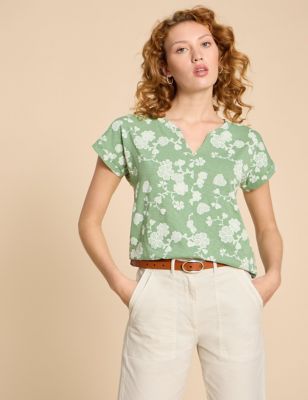 White Stuff Womens Pure Cotton Floral T-Shirt - 16 - Green Mix, Green Mix