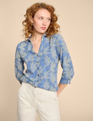 White Stuff Women's Jersey Printed Collared Shirt - 8REG - Blue Mix, Blue Mix