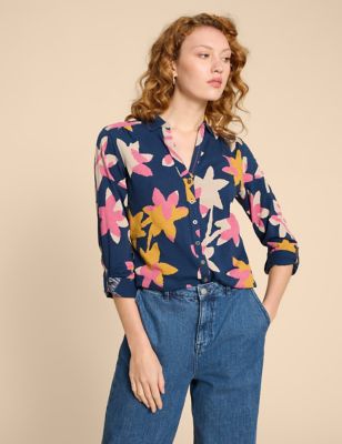 White Stuff Womens Jersey Floral Collared Button Through Blouse - 6 - Navy Mix, Navy Mix
