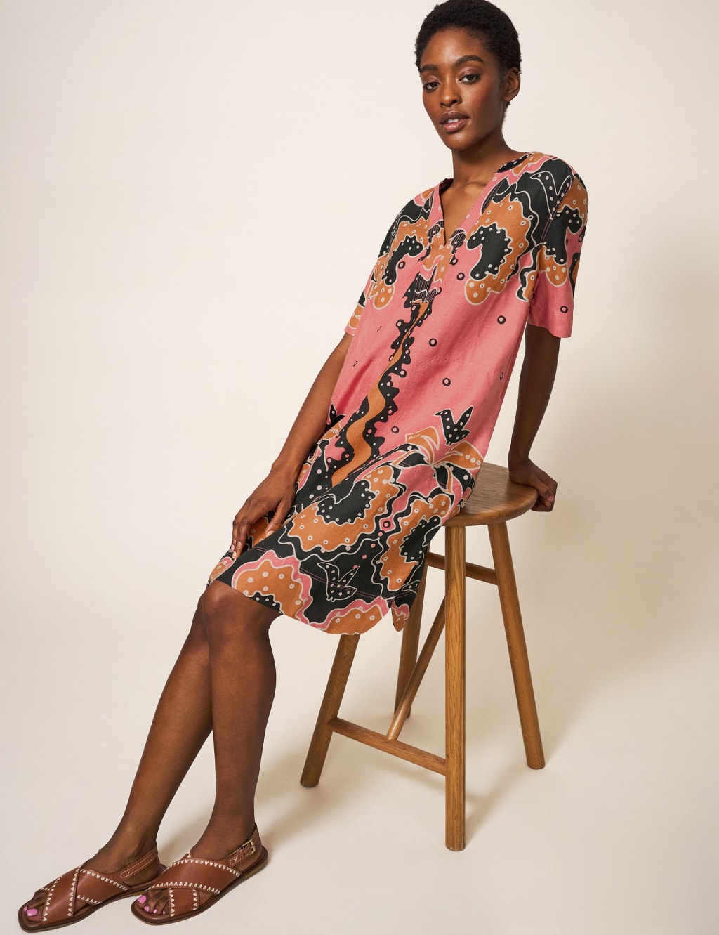 Pure Linen Printed V-Neck Shift Dress image 1