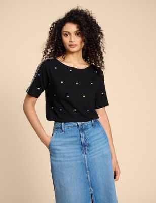 White Stuff Womens Pure Cotton Embroidered Short Sleeve Top - 8 - Black Mix, Black Mix