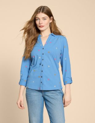 White Stuff Womens Jersey Embroidered Shirt - 8 - Blue Mix, Blue Mix