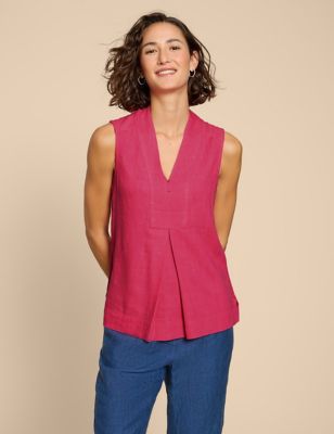 White Stuff Women's Linen Blend V-Neck Shirt - 6 - Pink, Pink