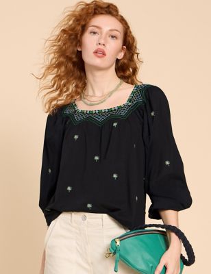 White Stuff Womens Cotton Modal Blend Embroidered Top - 8 - Navy Mix, Navy Mix