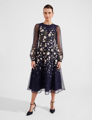 Hobbs Women's Embroidered Floral Puff Sleeve Midi Skater Dress - 10 - Navy Mix, Navy Mix