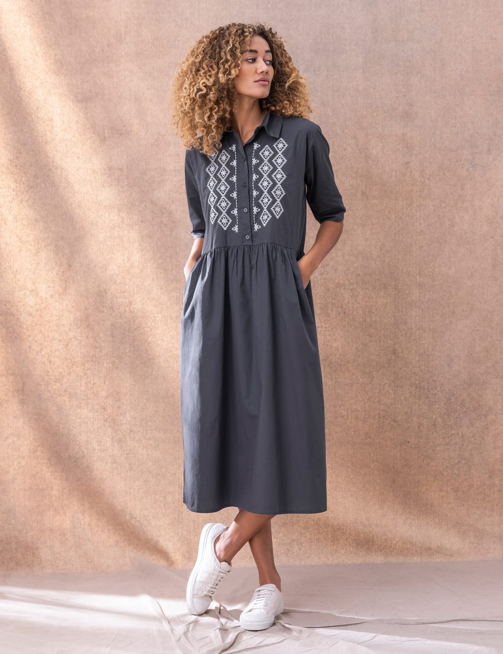 Organic Cotton Embroidered Midi Waisted Dress image 1