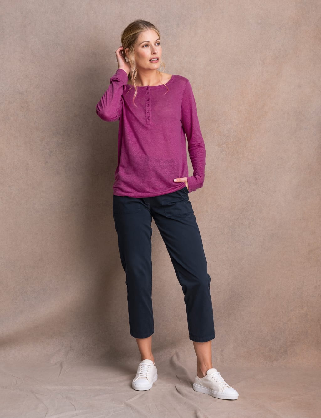 Linen Blend Button Detail Henley Top image 2
