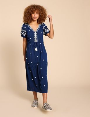 White Stuff Womens Embroidered V-Neck Midi Tiered Dress - XS - Blue, Blue