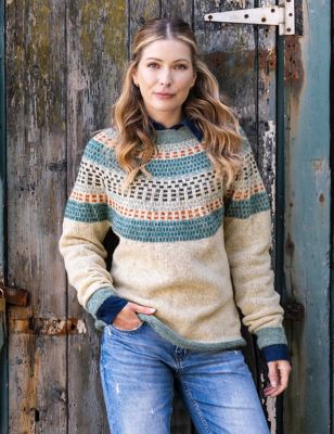 Celtic & Co. Womens Pure Wool Patterned Crew Neck Jumper - Cream, Cream,Turquoise