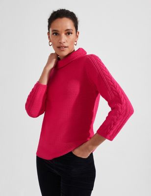 Hobbs Womens Pure Cotton Cable Knit Slash Neck Jumper - Pink, Pink,Lime,Blue