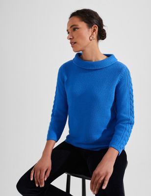 Hobbs Womens Pure Cotton Cable Knit Slash Neck Jumper - Blue, Blue,Pink,Lime