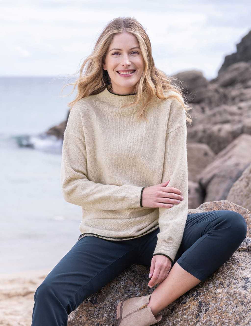 Pure Lambswool Striped Funnel Neck Jumper