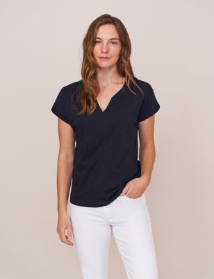 White Stuff Womens Pure Cotton Notch Neck T-Shirt - 8 - Navy, Navy