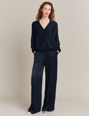 Ghost Womens Satin Wide Leg Trousers - XS - Navy, Navy