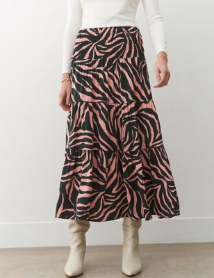 Finery London Womens Animal Print Midi Tiered Skirt - 12 - Pink Mix, Pink Mix