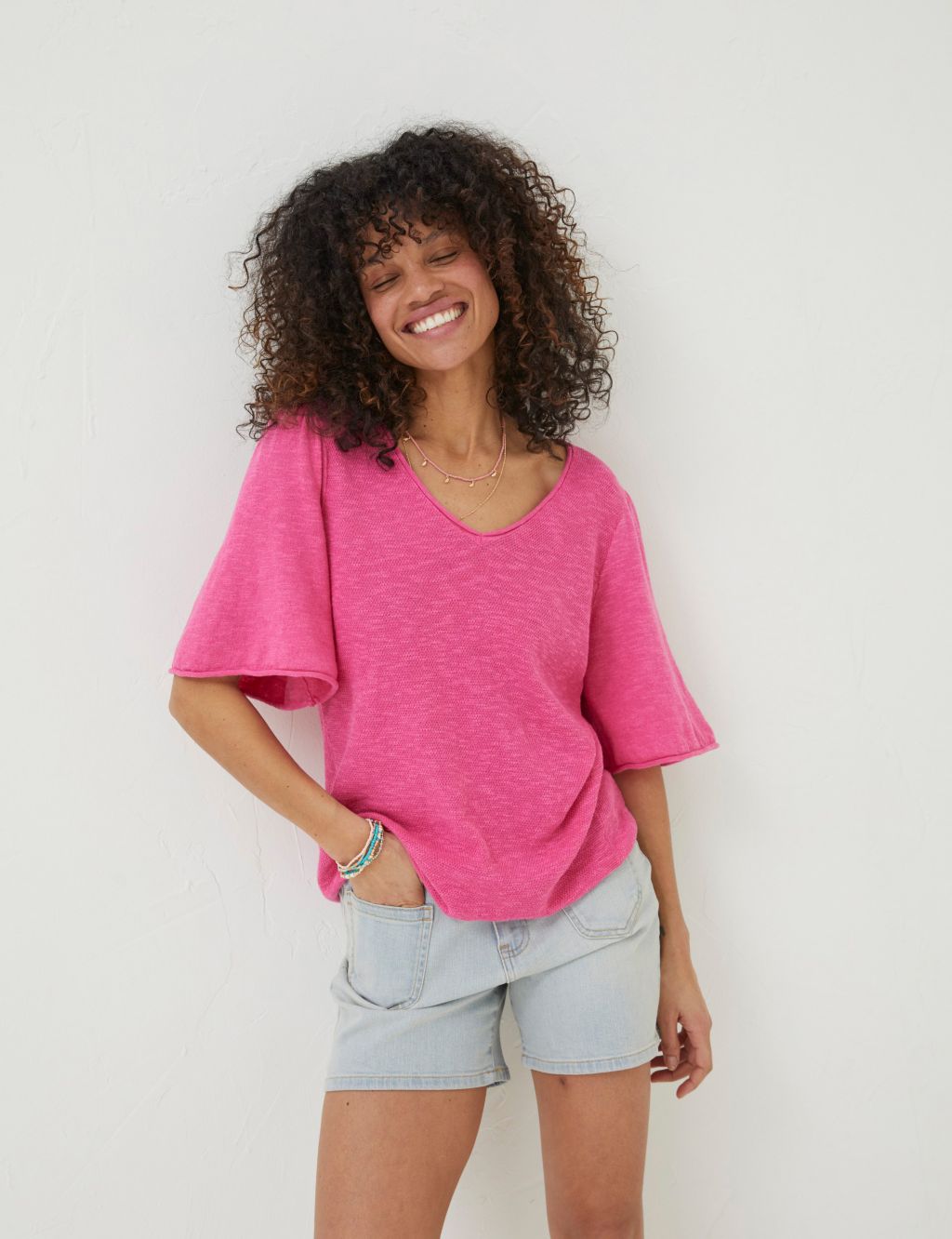 Cotton Rich V-Neck Knitted Top with Linen