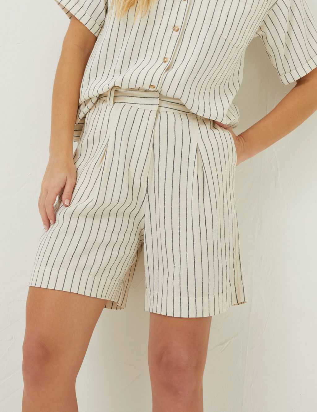 Linen Rich Striped Pleat Front Shorts image 1