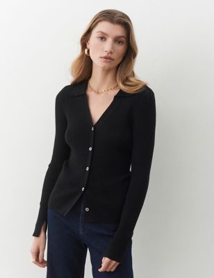 Finery London Women's Ribbed Collared Button Front Cardigan - 18 - Black, Black,Ivory