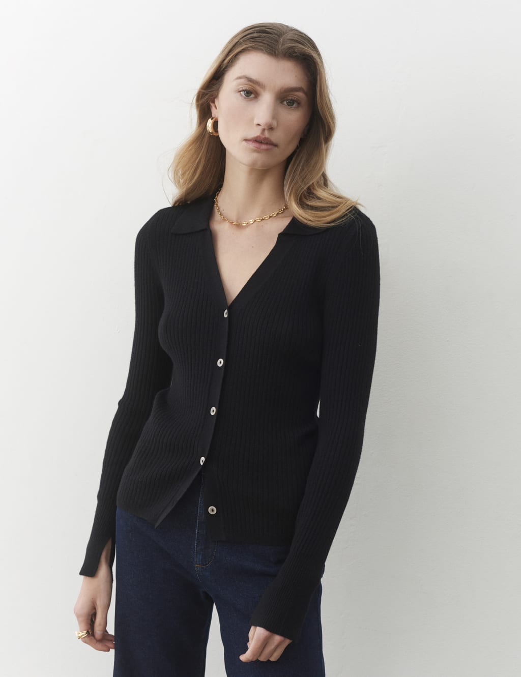 Ribbed Collared Button Front Cardigan