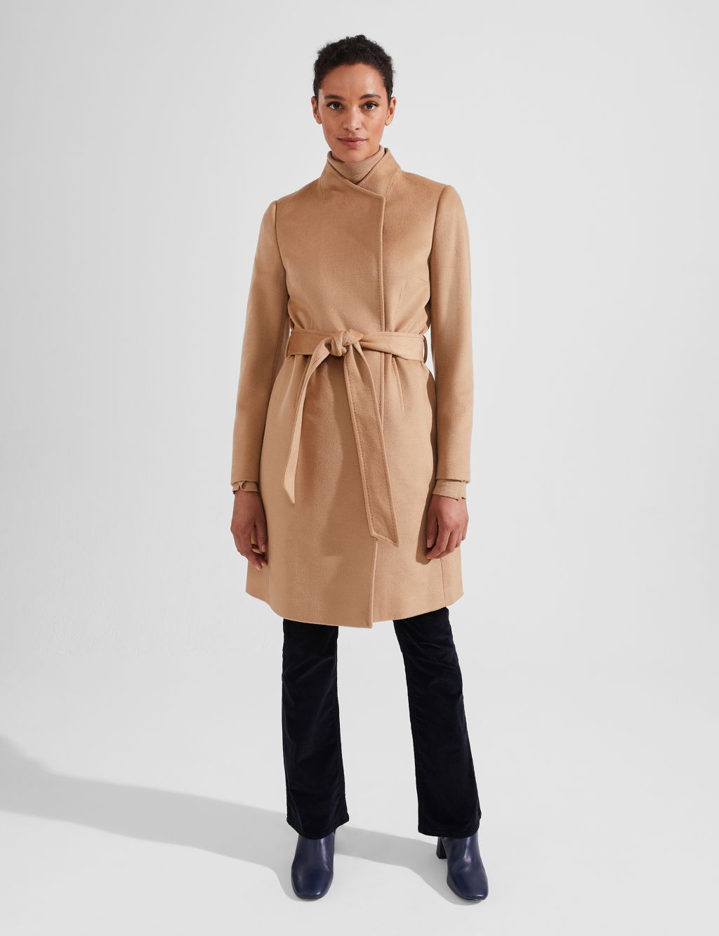 Pure Wool Belted High Neck Tailored Coat