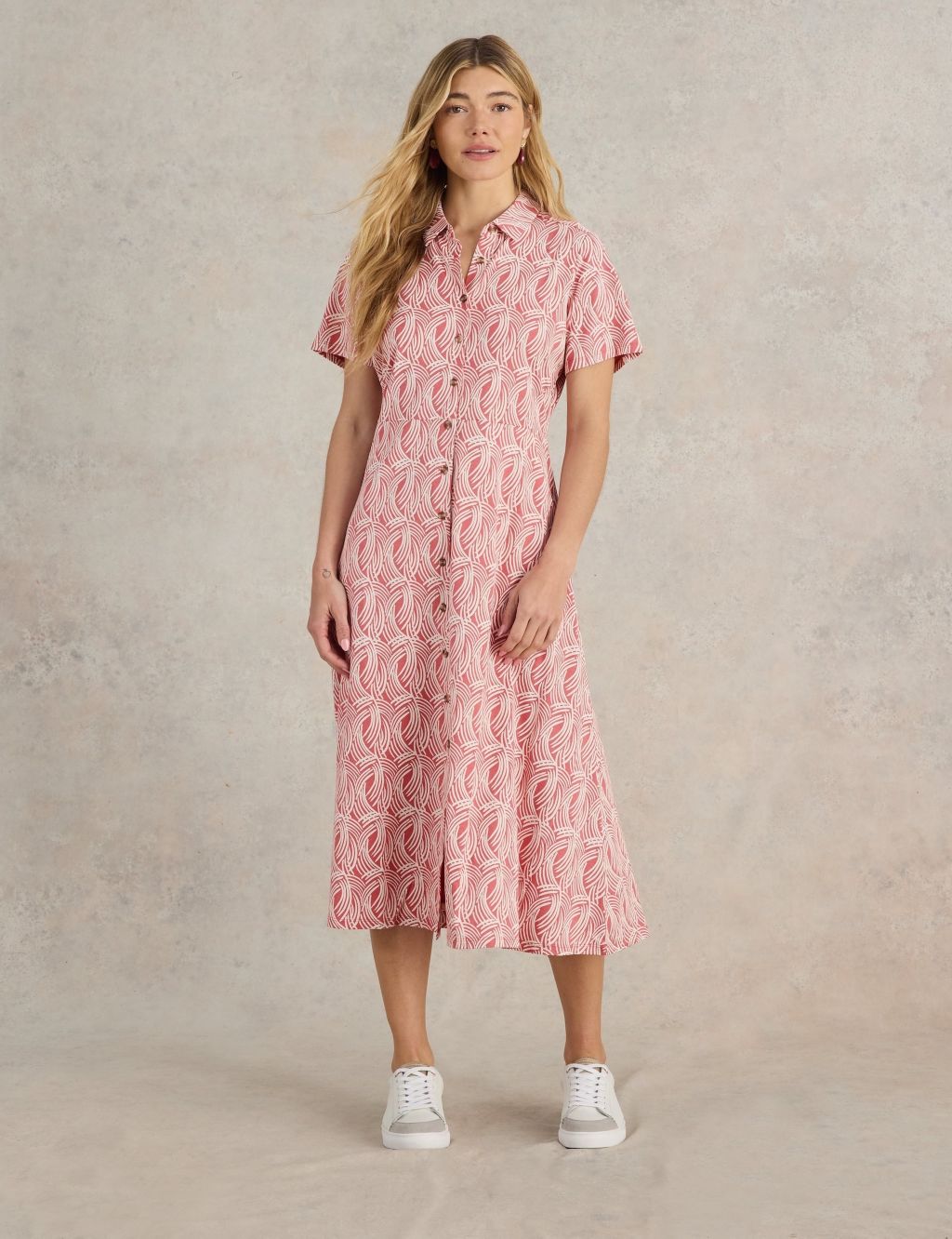 Cotton Blend Jersey Printed Midi Shirt Dress