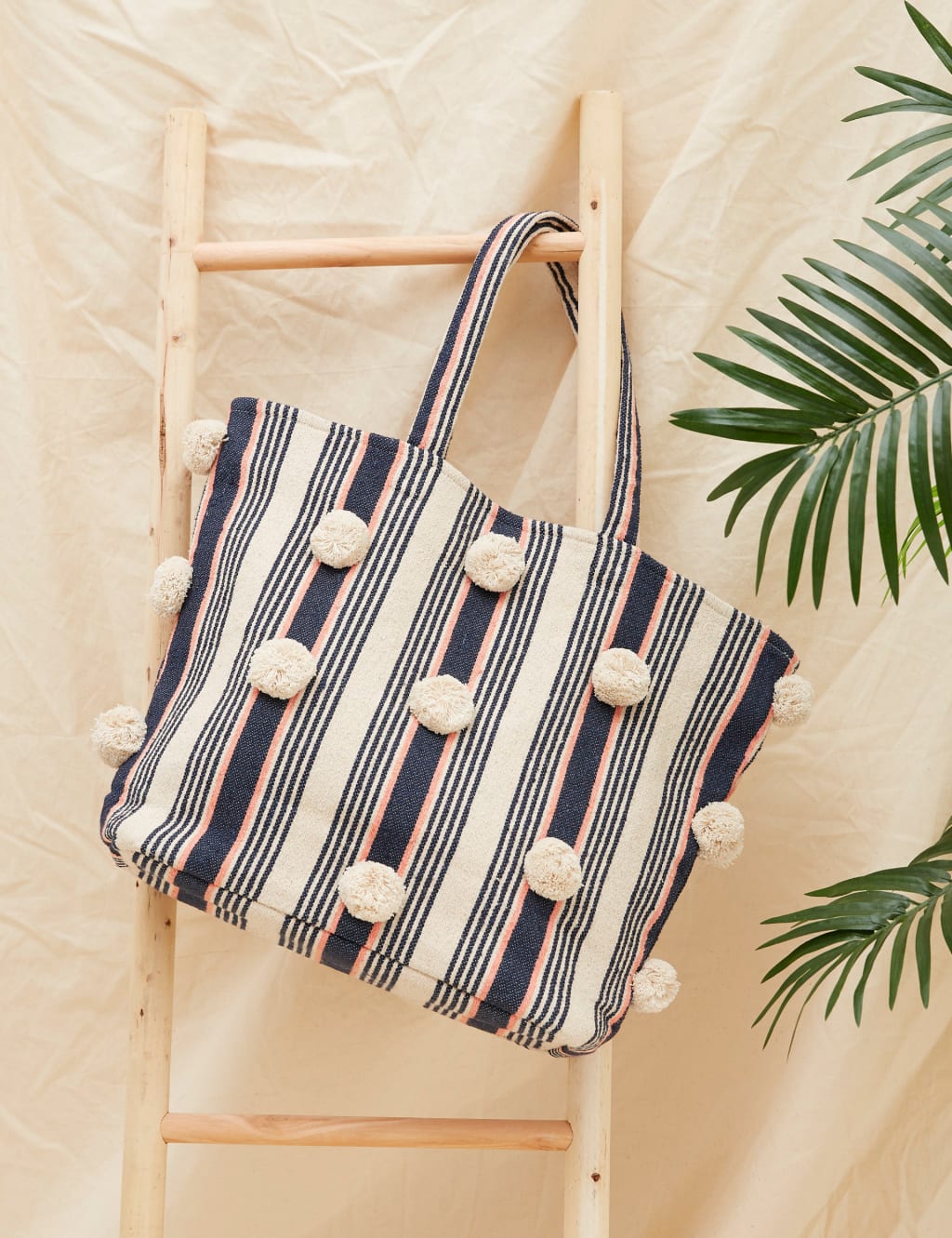 Cotton Blend Striped Embellished Tote Bag image 3