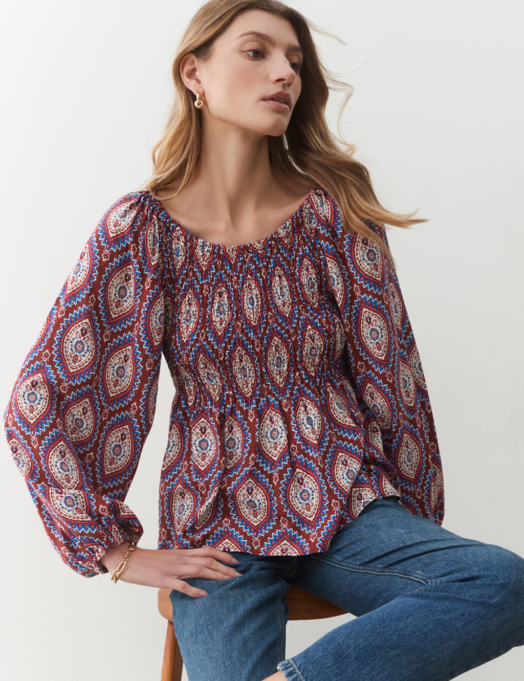 Paisley Shirred Blouson Sleeve Blouse