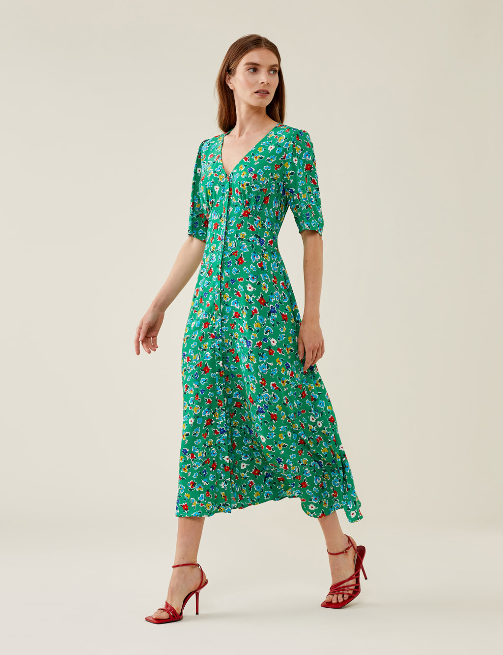 Floral V-Neck Short Sleeve Midi Tea Dress image 2