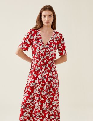 Finery London Womens Floral V-Neck Midi Wrap Dress - 8 - Red Mix, Red Mix