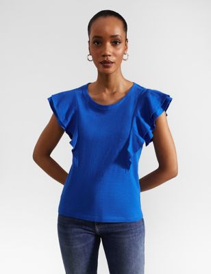 Hobbs Women's Pure Cotton Ruffle Top - XS - Blue, Blue