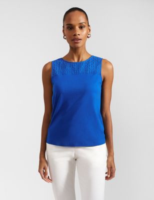 Hobbs Womens Pure Cotton Broderie Detail Top - S - Blue, Blue