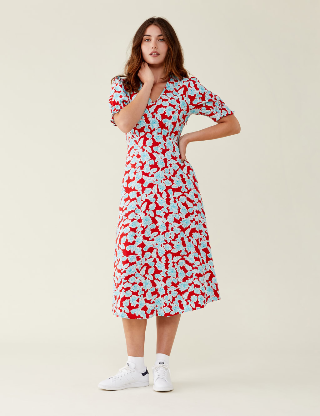 Floral V-Neck Midi Tea Dress image 1