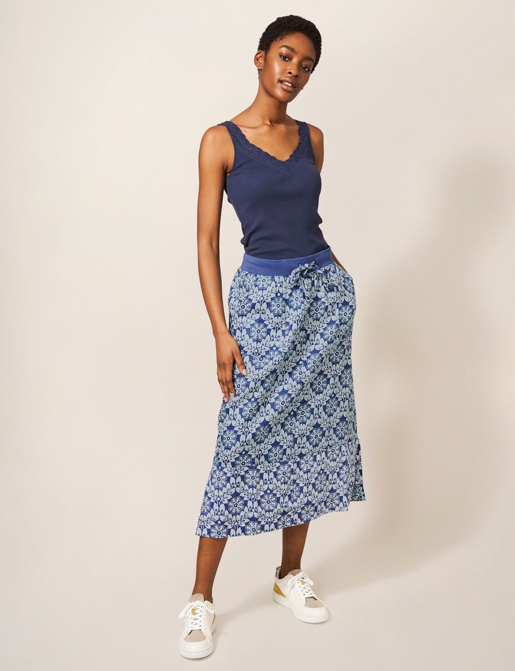 Pure Linen Printed Midi A-Line Skirt image 1