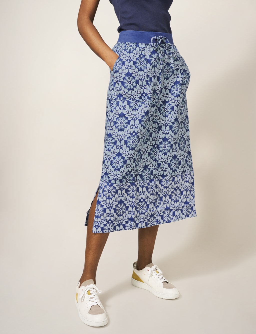 Pure Linen Printed Midi A-Line Skirt image 3
