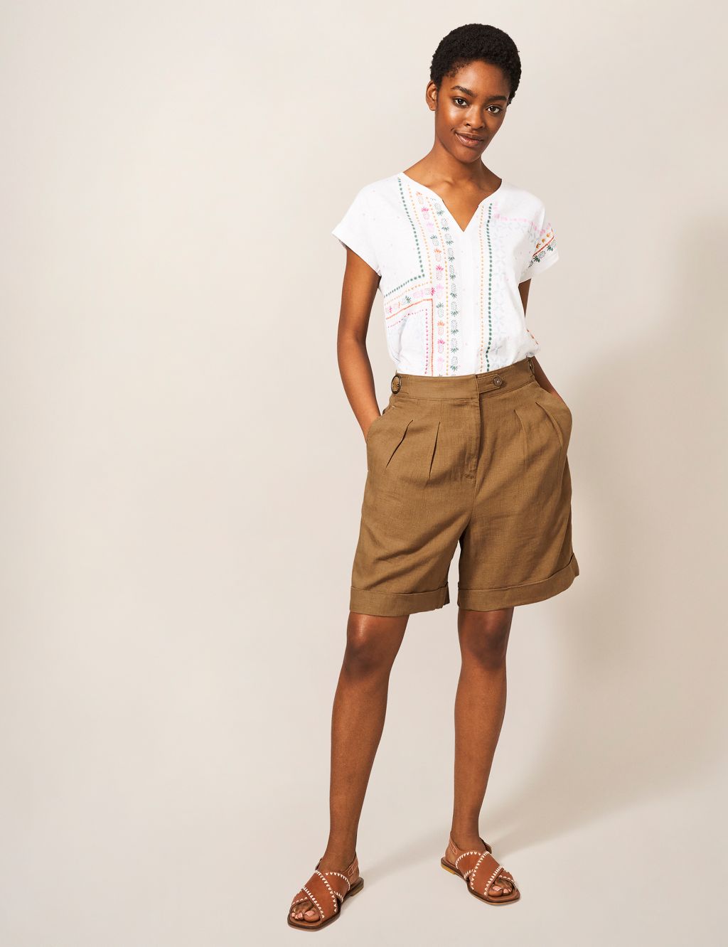 Linen Blend Pleat Front Shorts image 1
