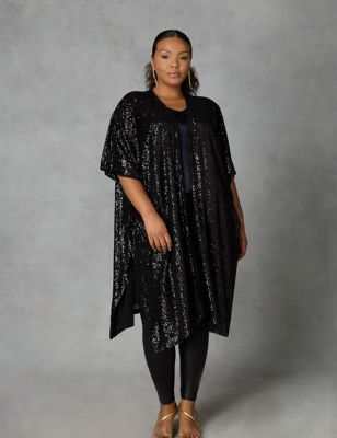 Live Unlimited London Womens Sequin Collarless Relaxed Longline Kimono - 14 - Black, Black