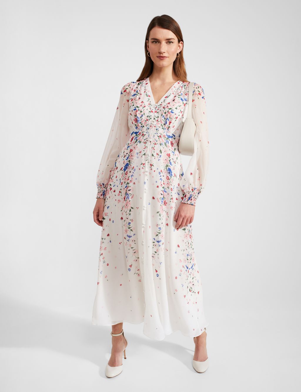 Pure Silk Floral V-Neck Maxi Waisted Dress