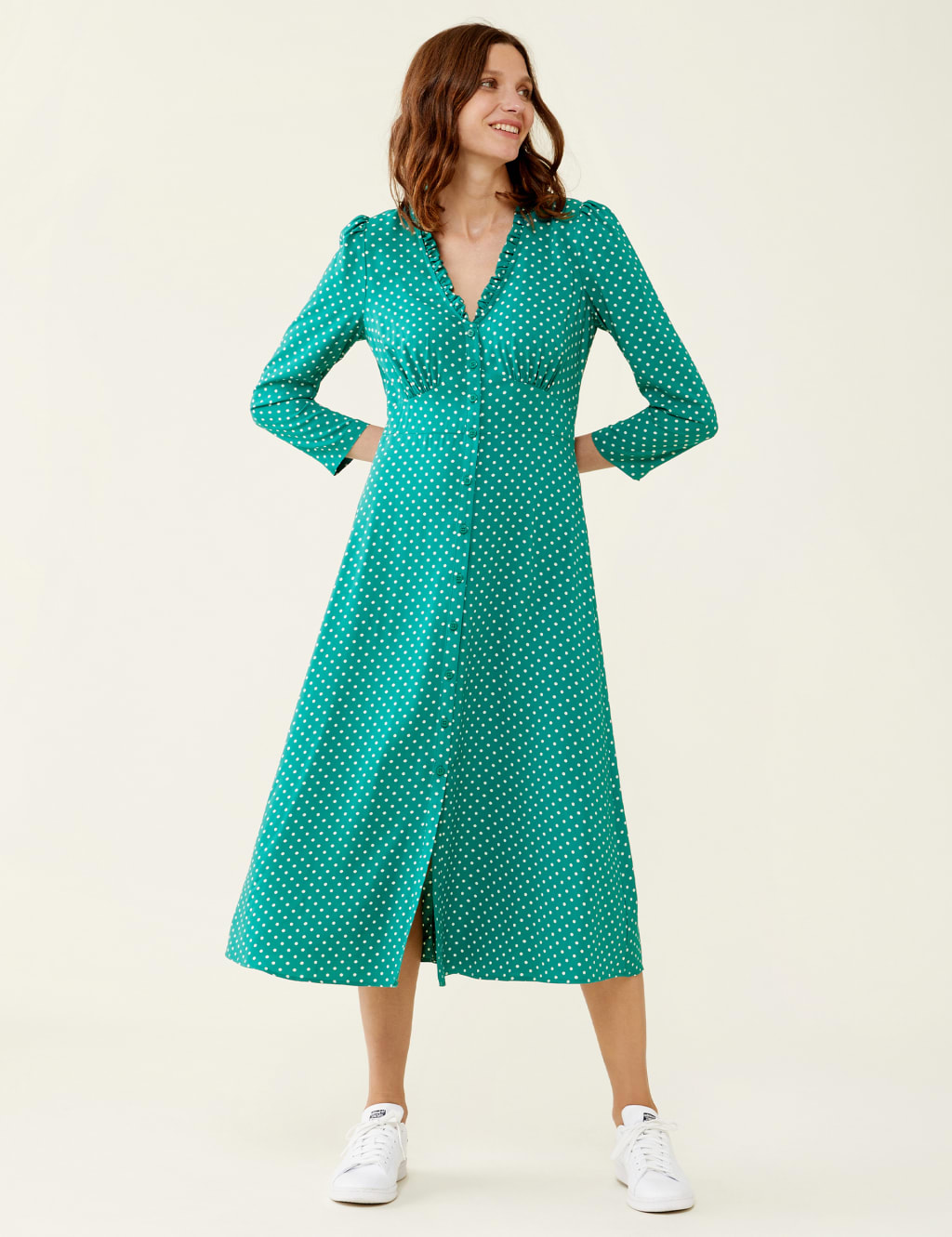 Polka Dot V-Neck Ruffle Midi Tea Dress image 1