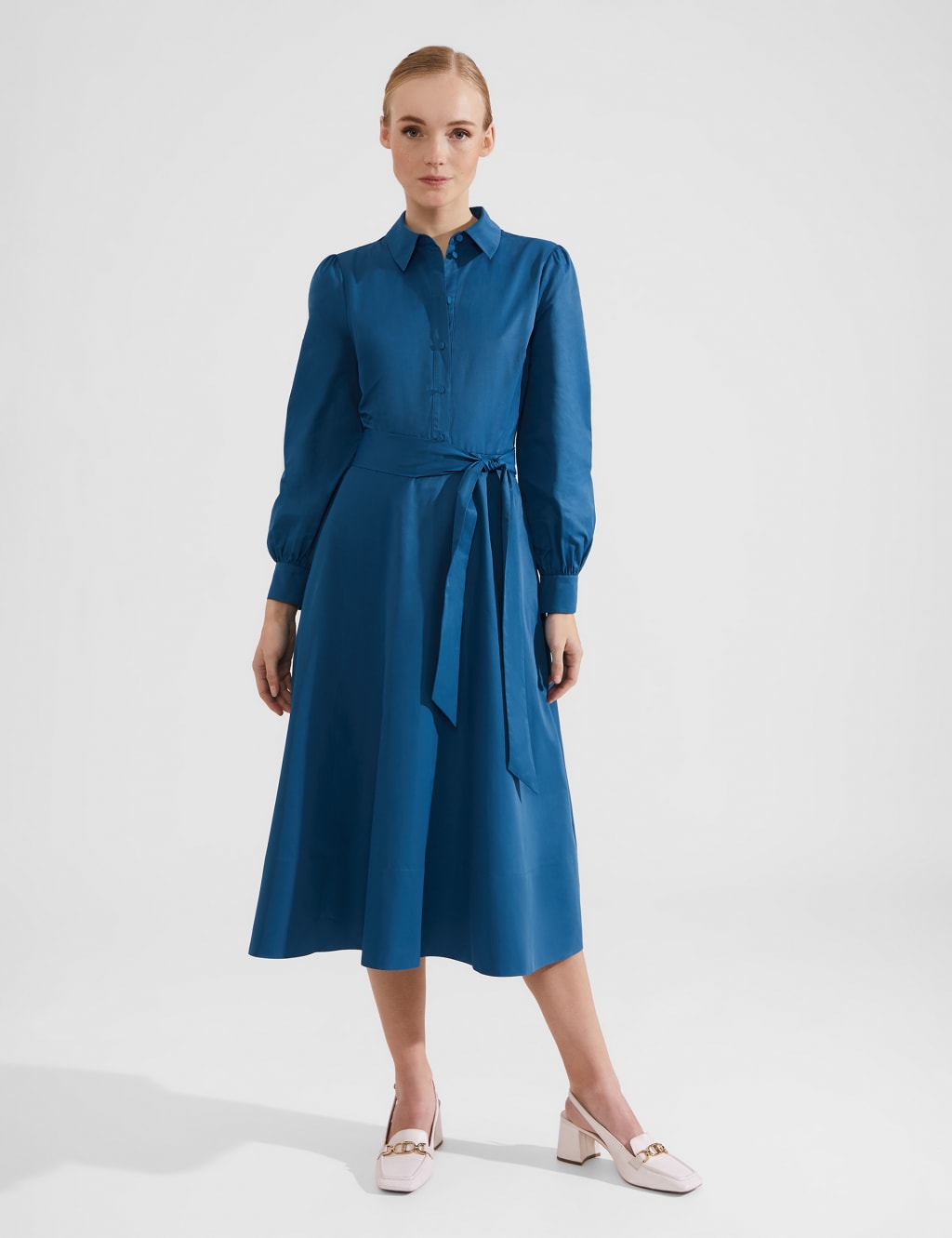 Cotton Blend Midi Shirt Dress