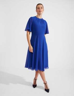 Hobbs Womens Crew Neck Midi Waisted Dress - 8 - Blue, Blue