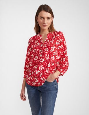 Hobbs Women's Floral Notch Neck Popover Blouse - 6 - Red Mix, Red Mix