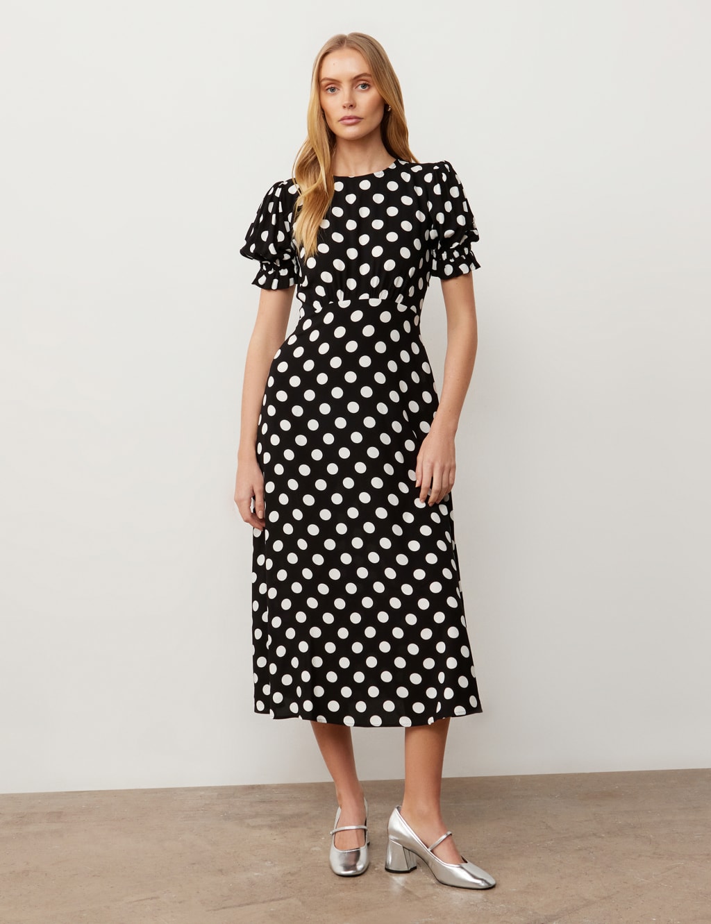 Pollka Dot Round Neck Midi Tea Dress