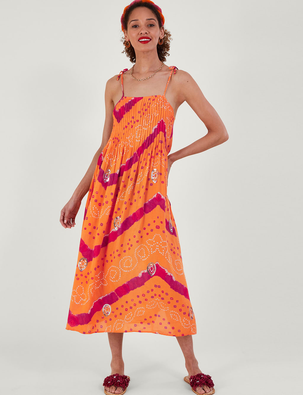 Printed Square Neck Pleated Midi Slip Dress image 1