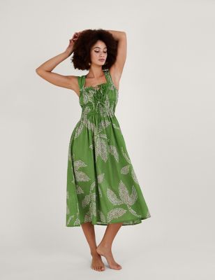 Monsoon Womens Pure Cotton Printed Square Neck Midi Dress - XL - Green Mix, Green Mix