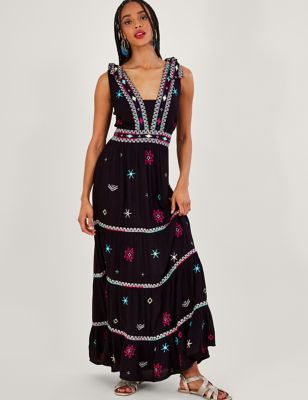 Monsoon Womens Embroidered V-Neck Maxi Tiered Dress - Black Mix, Black Mix